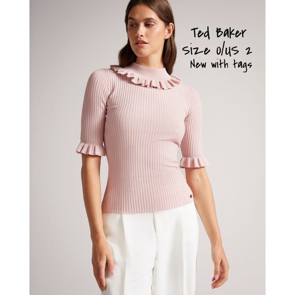 Ted Baker Women's Fitted Top Frill Neck Detail in Pink, Katella Size 0/US 2 New - Picture 1 of 12